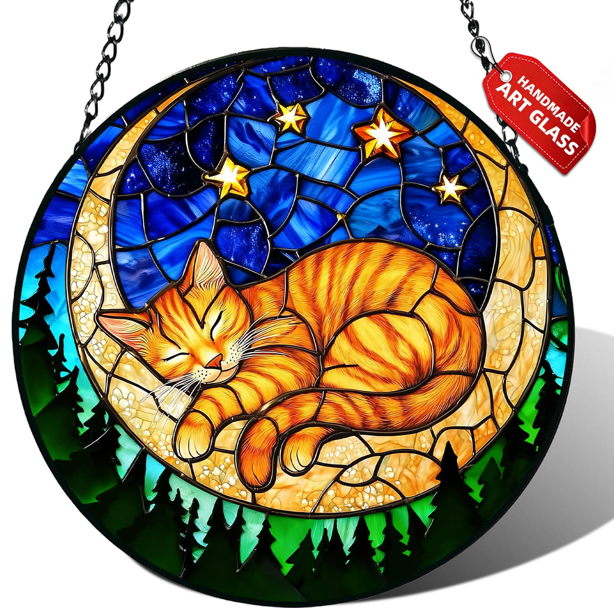 Meyocky orange sleeping cat suncatcher in a window creates warm rainbow light.