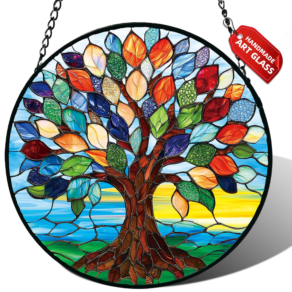 Meyocky stained-glass Tree of Life suncatcher adds vibrant color to windows.