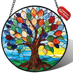 Meyocky stained-glass Tree of Life suncatcher adds vibrant color to windows.