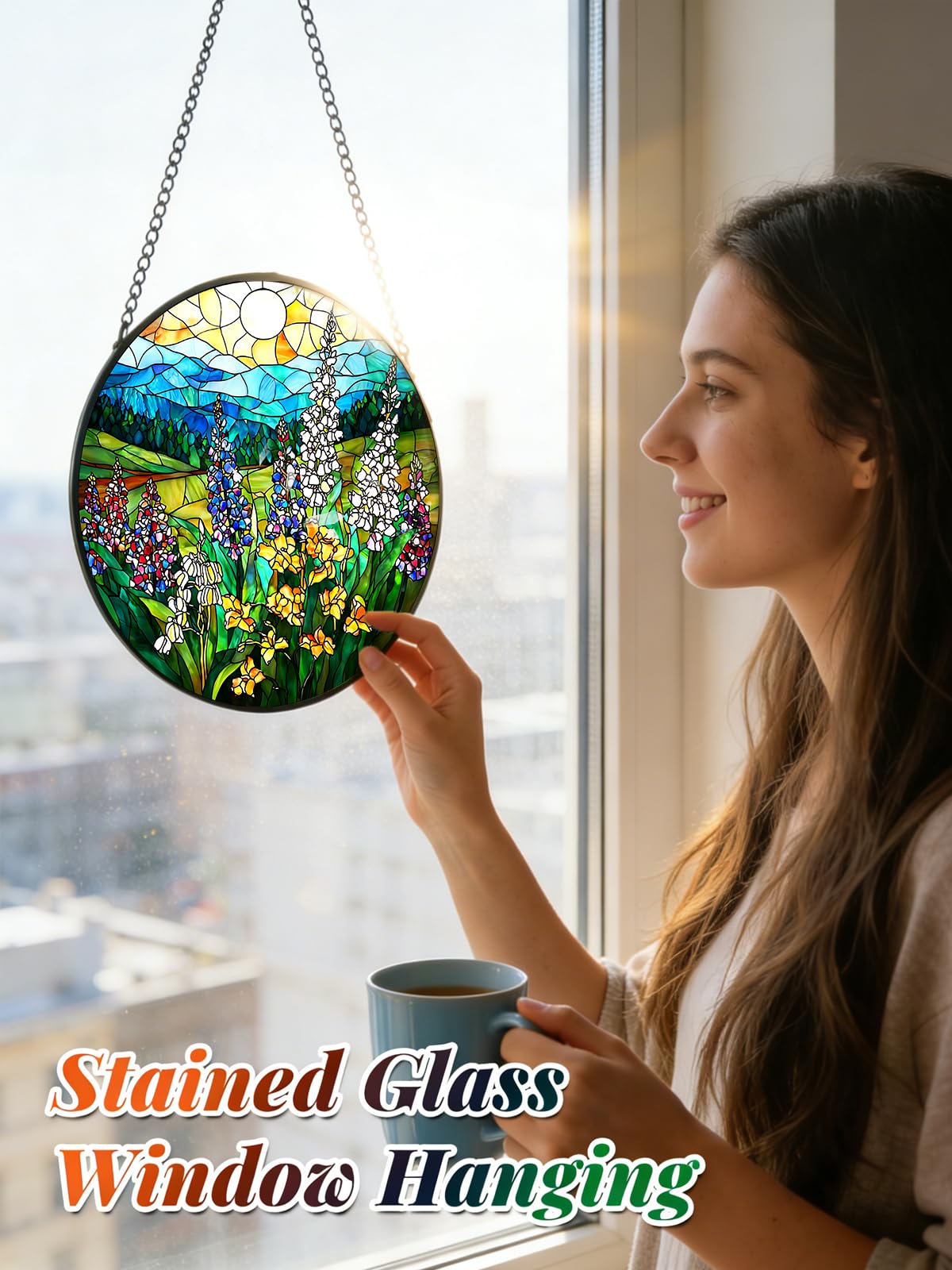 Meyocky valley sunrise stained-glass suncatcher casts warm colors on walls and floors.