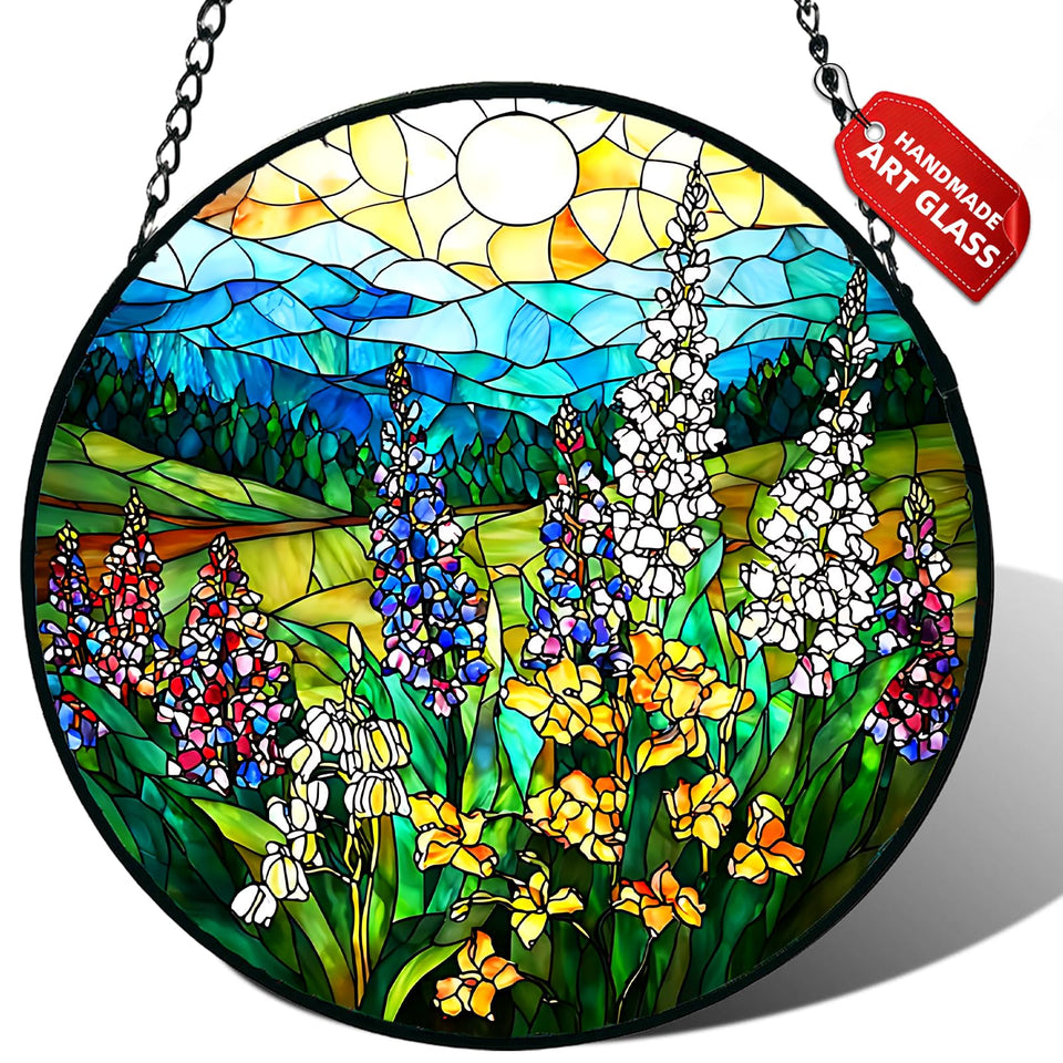 Meyocky wildflowers stained-glass suncatcher brightens windows with rainbow light patterns.