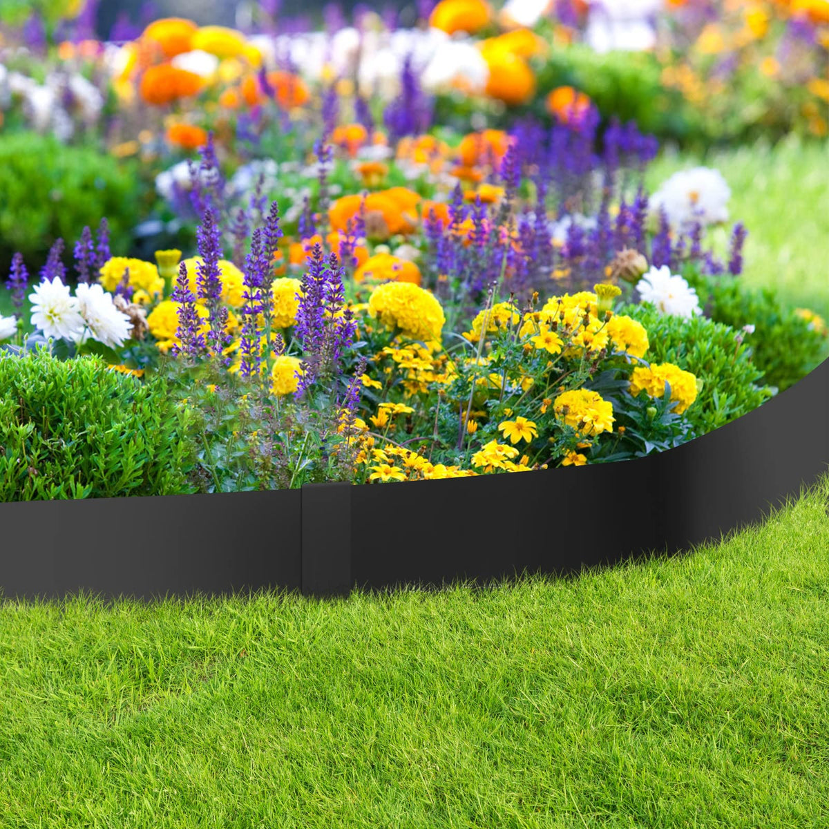 Meyoppm matte-black finish closeup highlights stylish, low-profile garden edging.
