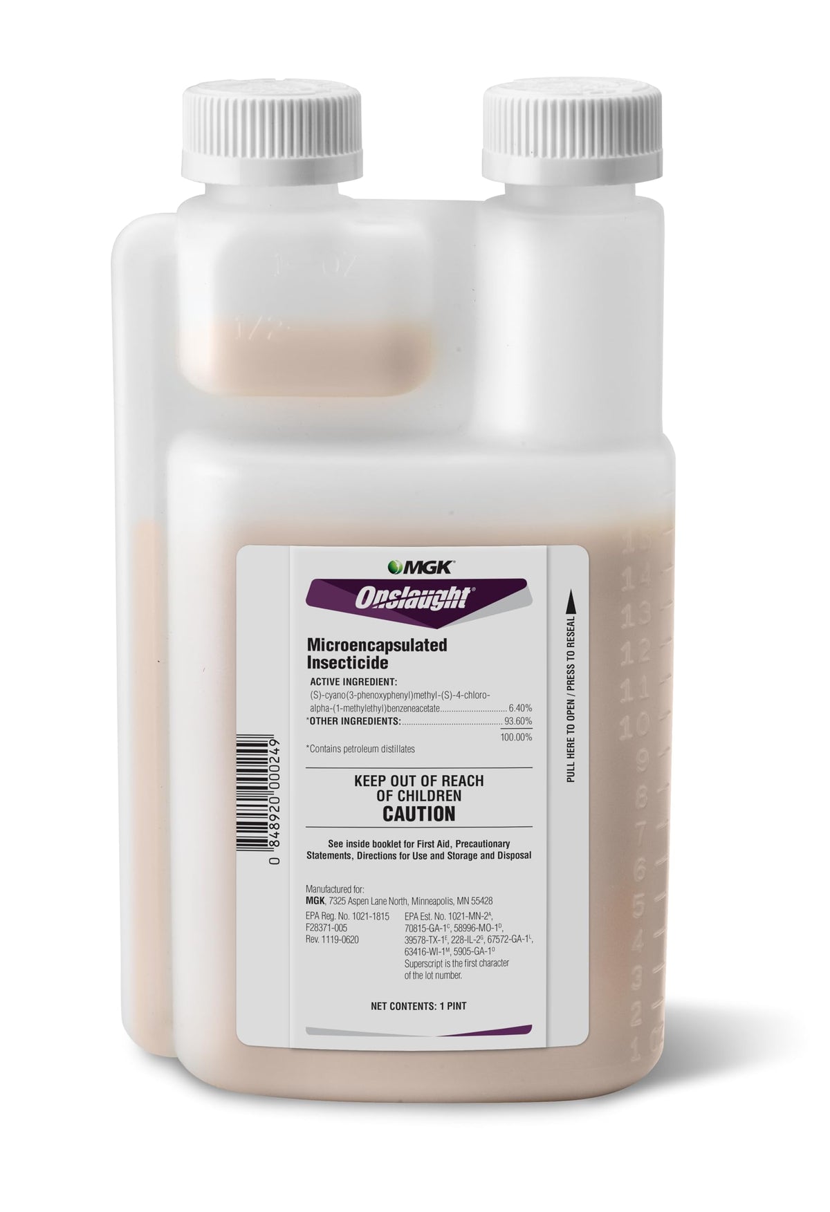 MGK Onslaught bottle pour demonstrates easy handling for versatile pest control.