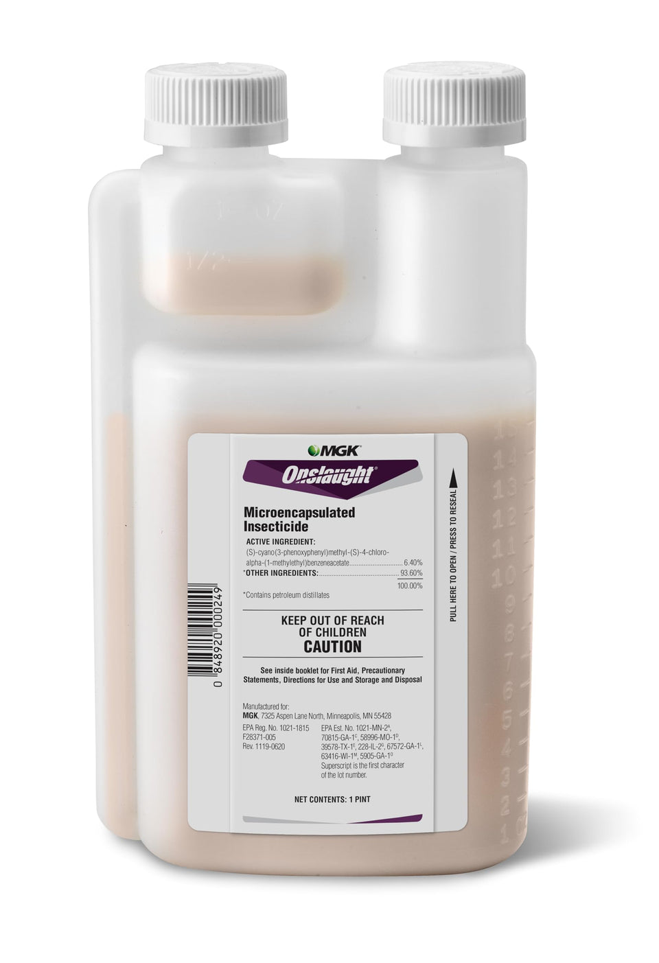 MGK Onslaught bottle pour demonstrates easy handling for versatile pest control.