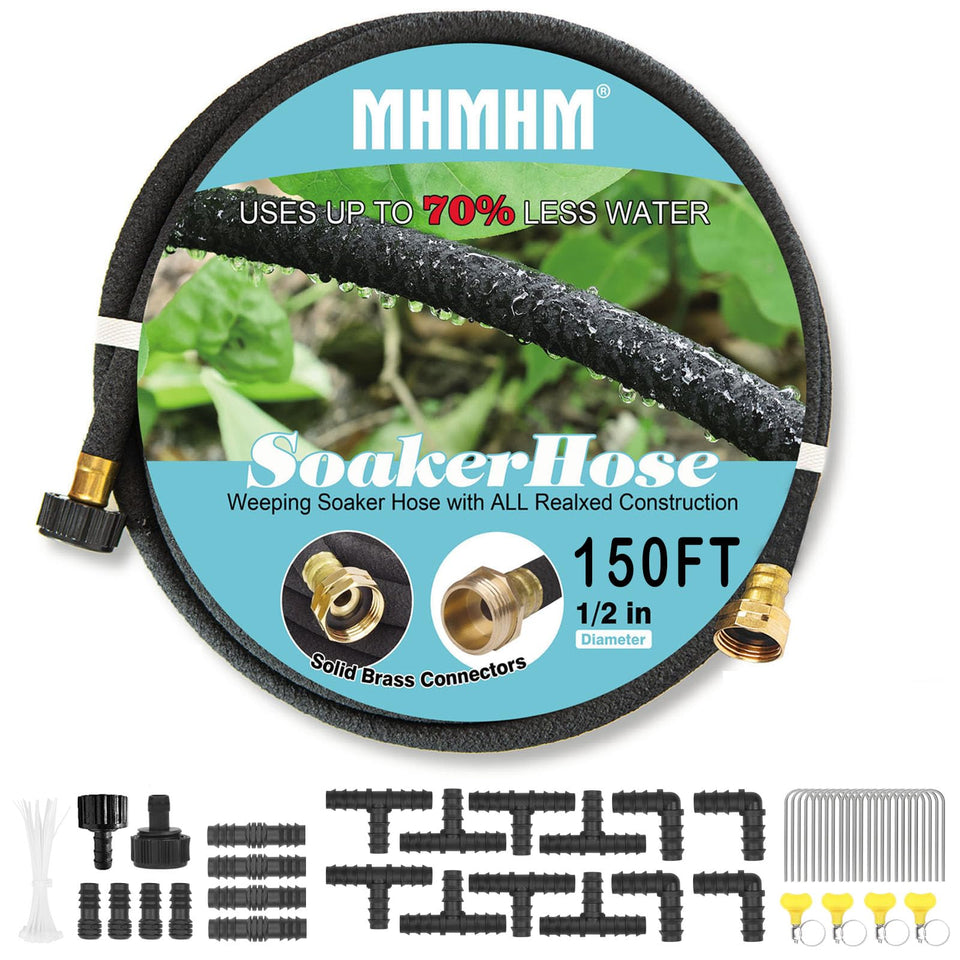 MHMHM soaker hose with brass fitting closeup, illustrating durable irrigation hardware for year-round use.