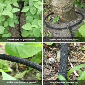MHMHM soaker hose coiled in garden demonstrates flexible layout for beds and lawns.