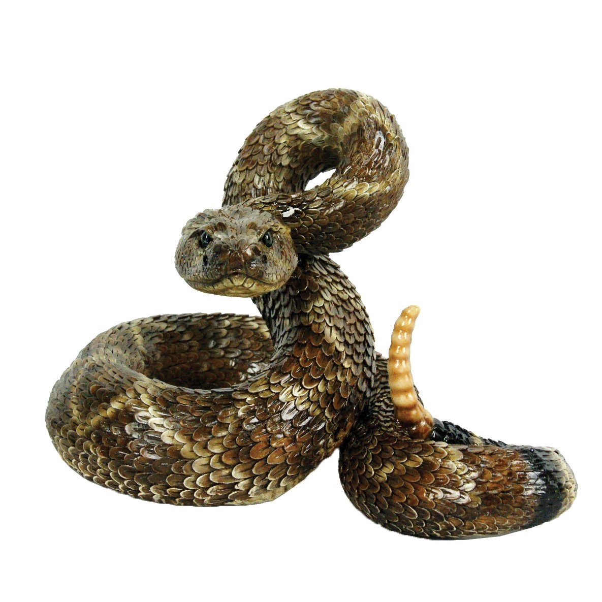 Michael Carr Western Diamondback Rattlesnake figurine, coiled with rattle visible, durable outdoor decor.