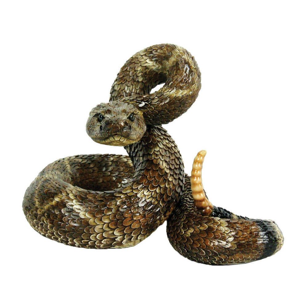 Michael Carr Western Diamondback Rattlesnake figurine, coiled with rattle visible, durable outdoor decor.