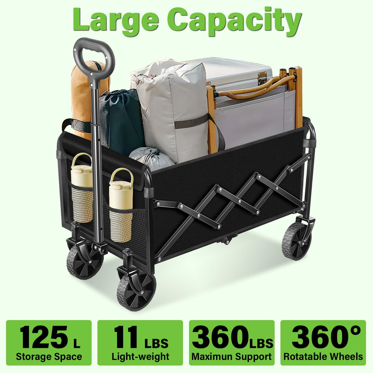 Micieitie foldable wagon extended wheels showcases smooth navigation on varied terrain.