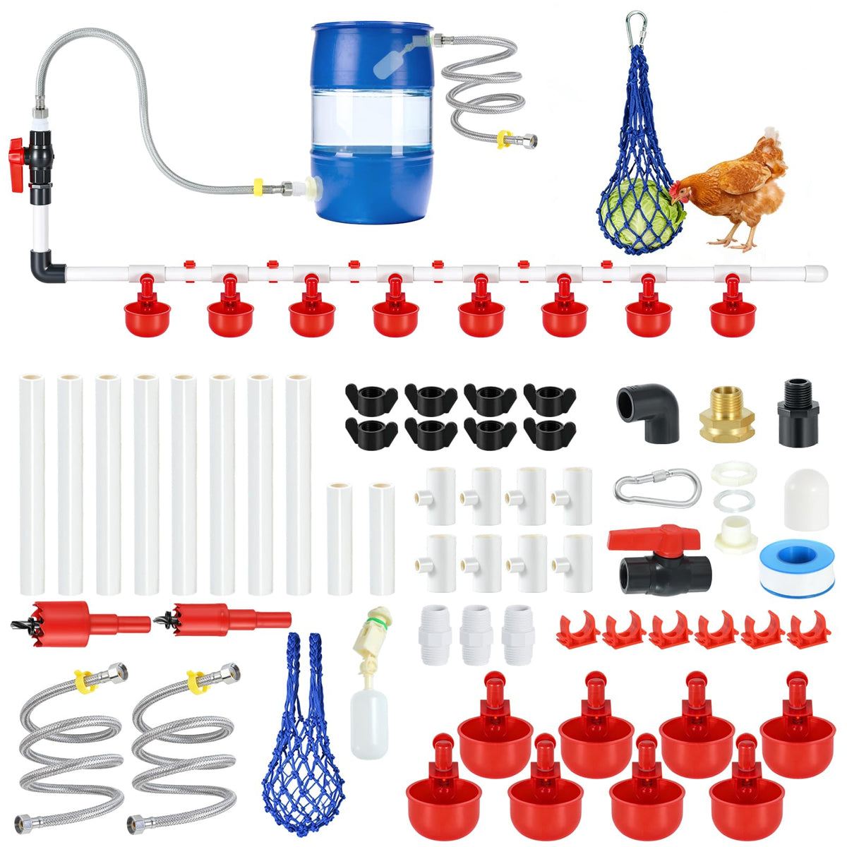 MicMingle 57pcs automatic chicken watering system with 8 cups for reliable poultry hydration