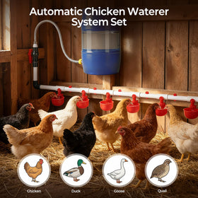 MicMingle coop setup with hanging feeder and cups in a backyard run