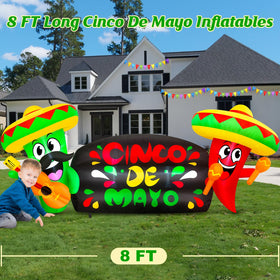 MICOCAH inflatable duo with Cinco de Mayo banner creates a vivid photo backdrop.