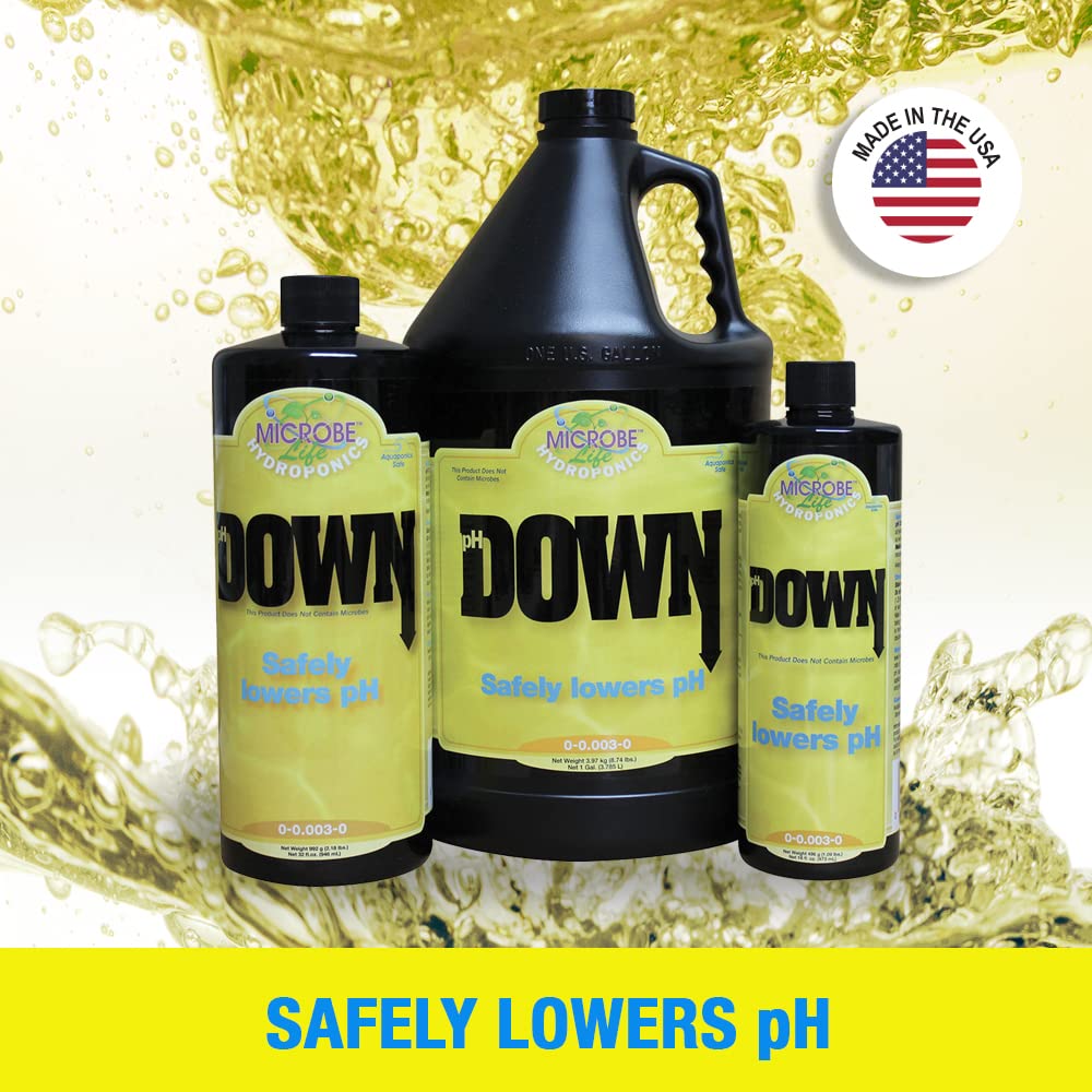 Microbe Life Hydroponics pH Down packaging box showcases product inclusion and care instructions.