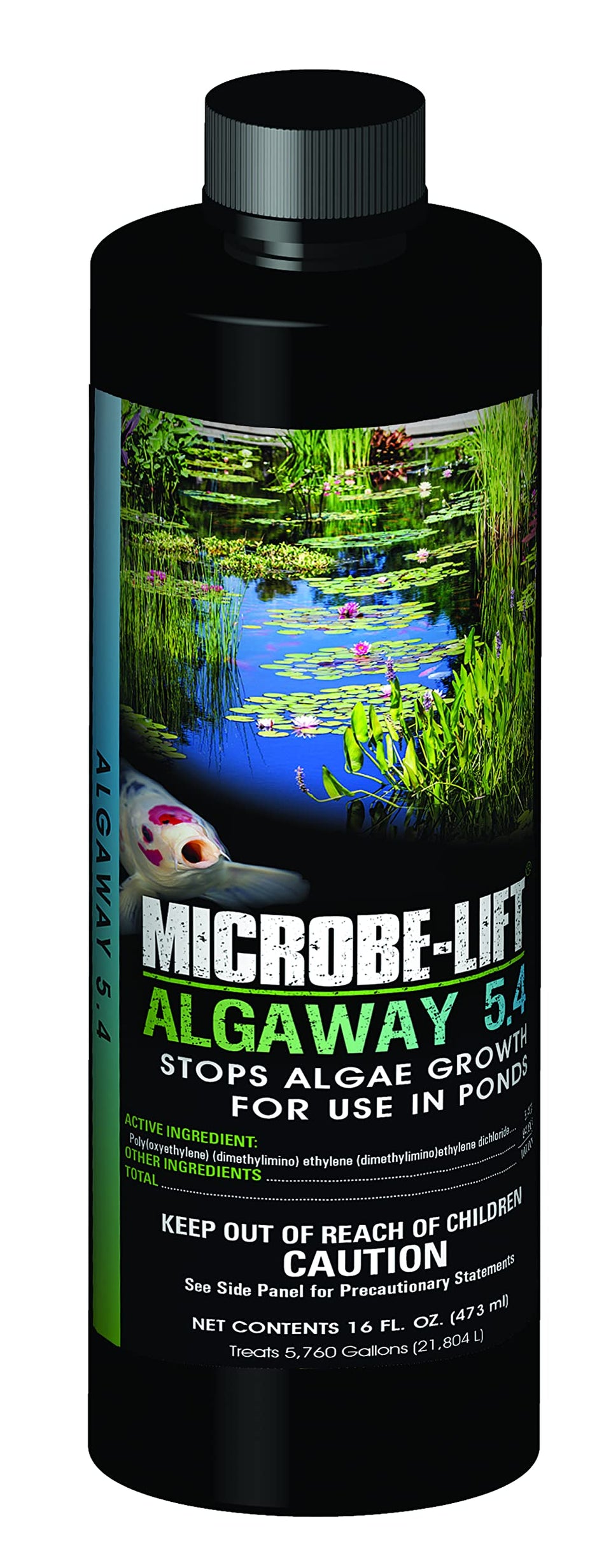 Microbe-LIFT ALGA16 bottle pour demonstrates algae control for clear pond water.