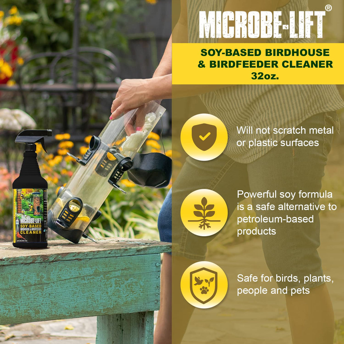 Microbe-Lift applying cleaner to birdhouse for safe surface cleaning.