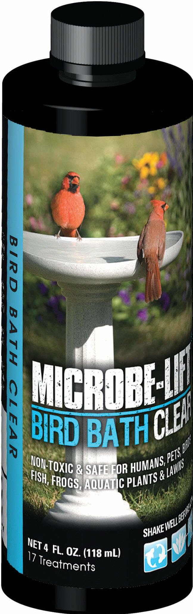 Microbe-Lift Bird Bath Clear bottle demonstrates easy weekly maintenance for cleaner water.