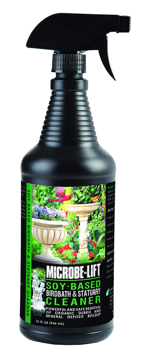 Microbe-LIFT soy-based cleaner bottle pouring to safely clean a birdbath in the garden.
