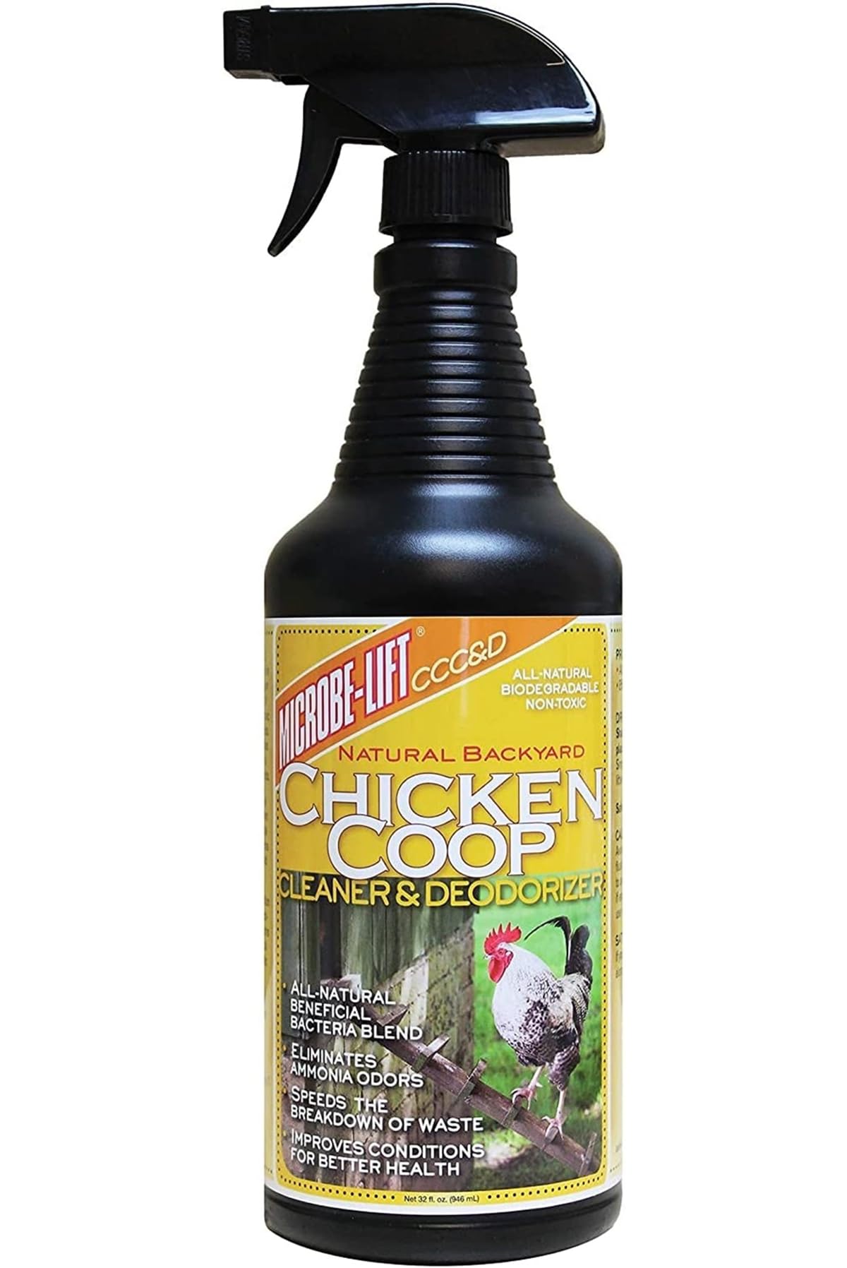 Microbe-Lift chicken coop cleaner deodorizer 32oz bottle reduces odors at the source in poultry spaces.