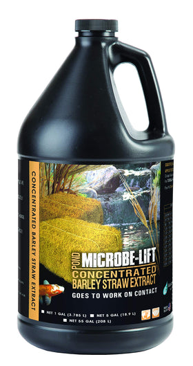 Microbe-Lift barley straw extract bottle shown for natural pond conditioning and koi safety.