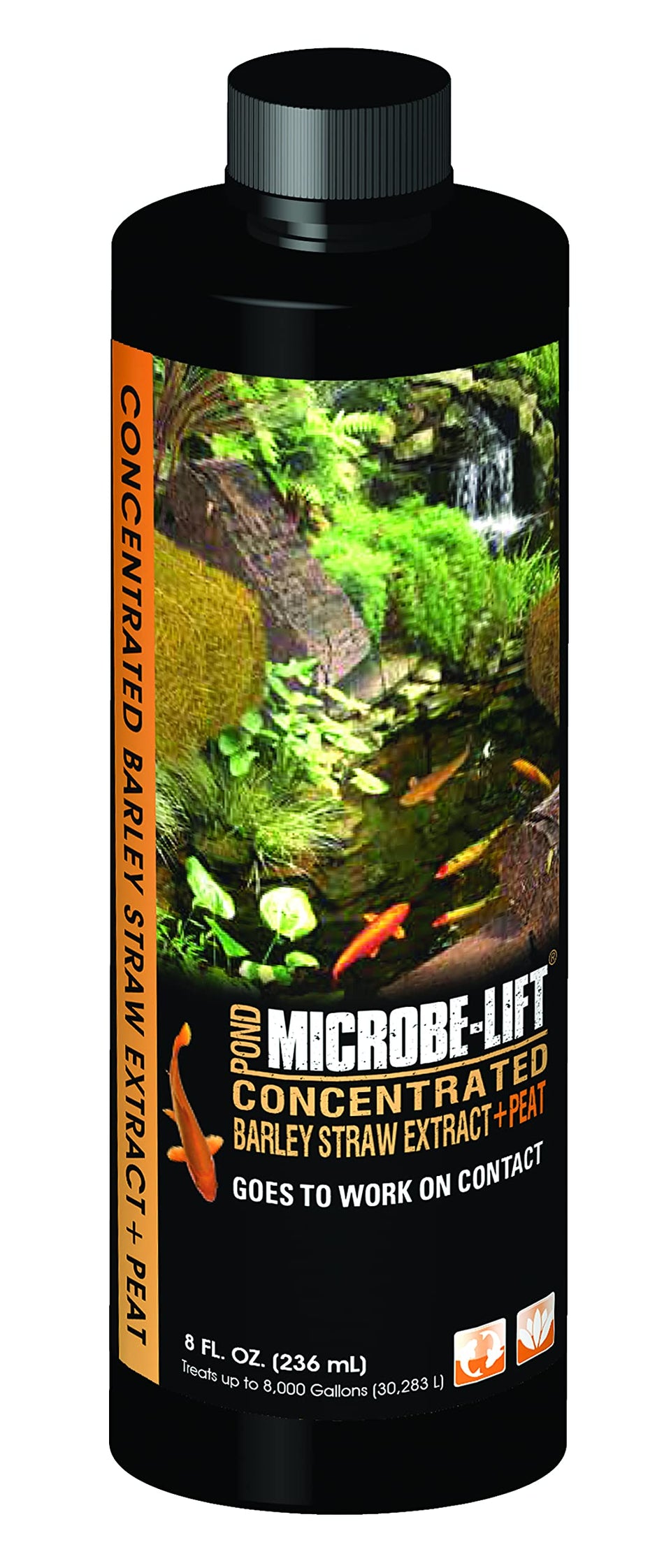 MICROBE-LIFT Concentrated Barley Straw Extract Plus Liquid Peat conditioner bottle balances pond water safely for koi.