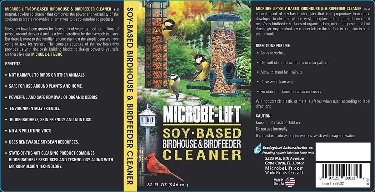 Microbe-Lift outdoor cleaner bottle demonstrates safe use around plants.