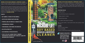 Microbe-Lift outdoor cleaner bottle demonstrates safe use around plants.
