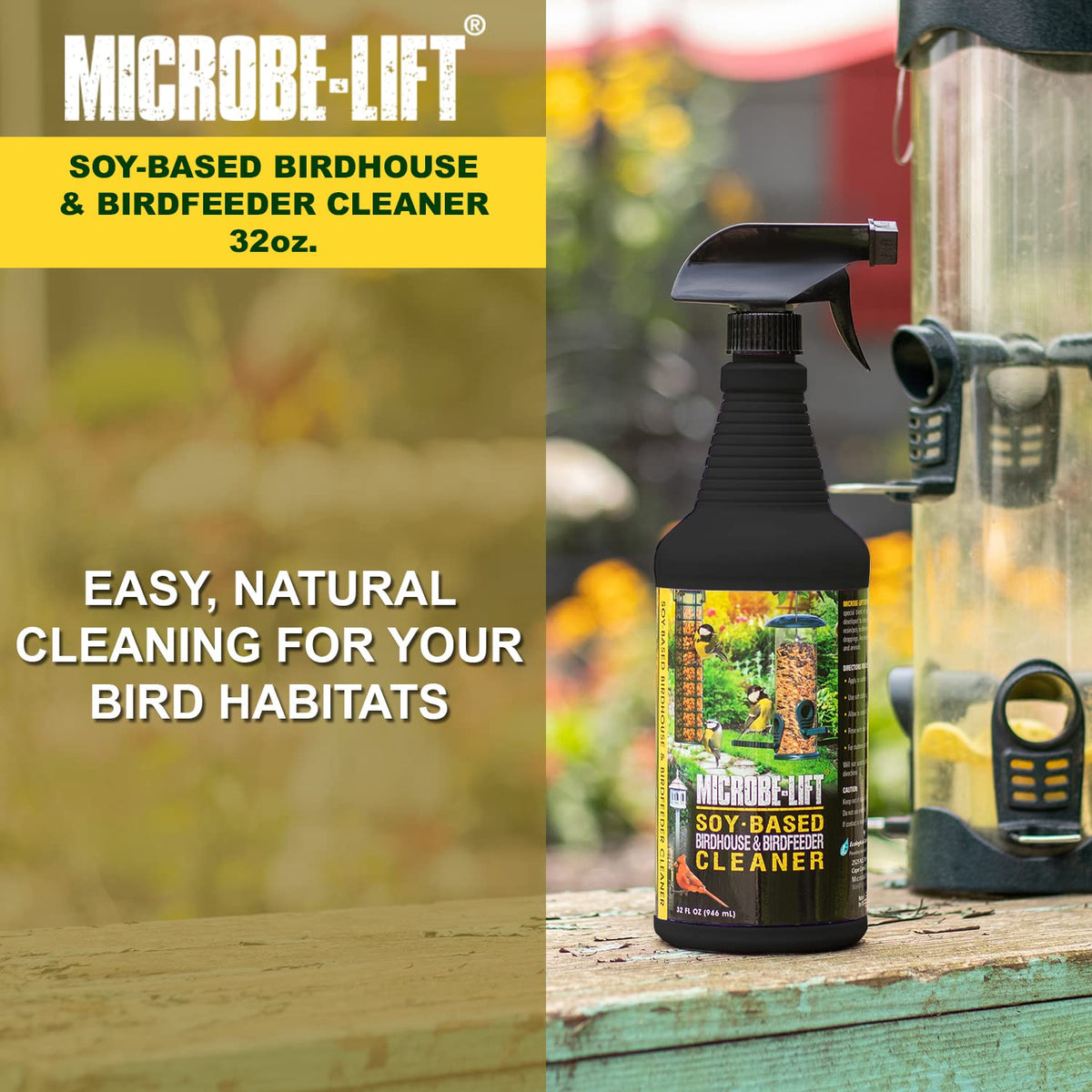 Microbe-Lift soy-based bird bath cleaner spray keeps water features clean for birds.