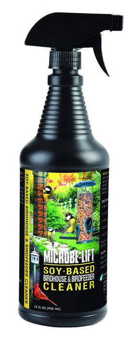 Microbe-Lift soy-based bird feeder cleaner spray safely cleans plastic surfaces around birds.