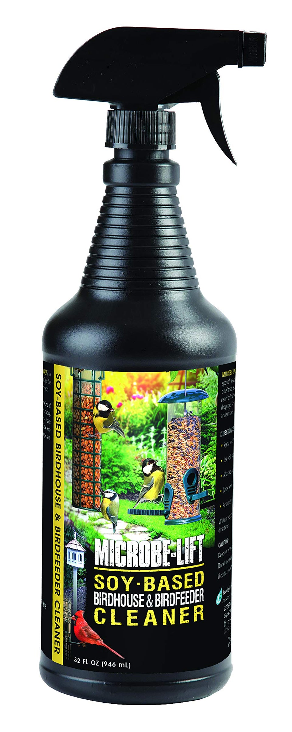 Microbe-Lift soy-based bird feeder cleaner spray safely cleans plastic surfaces around birds.