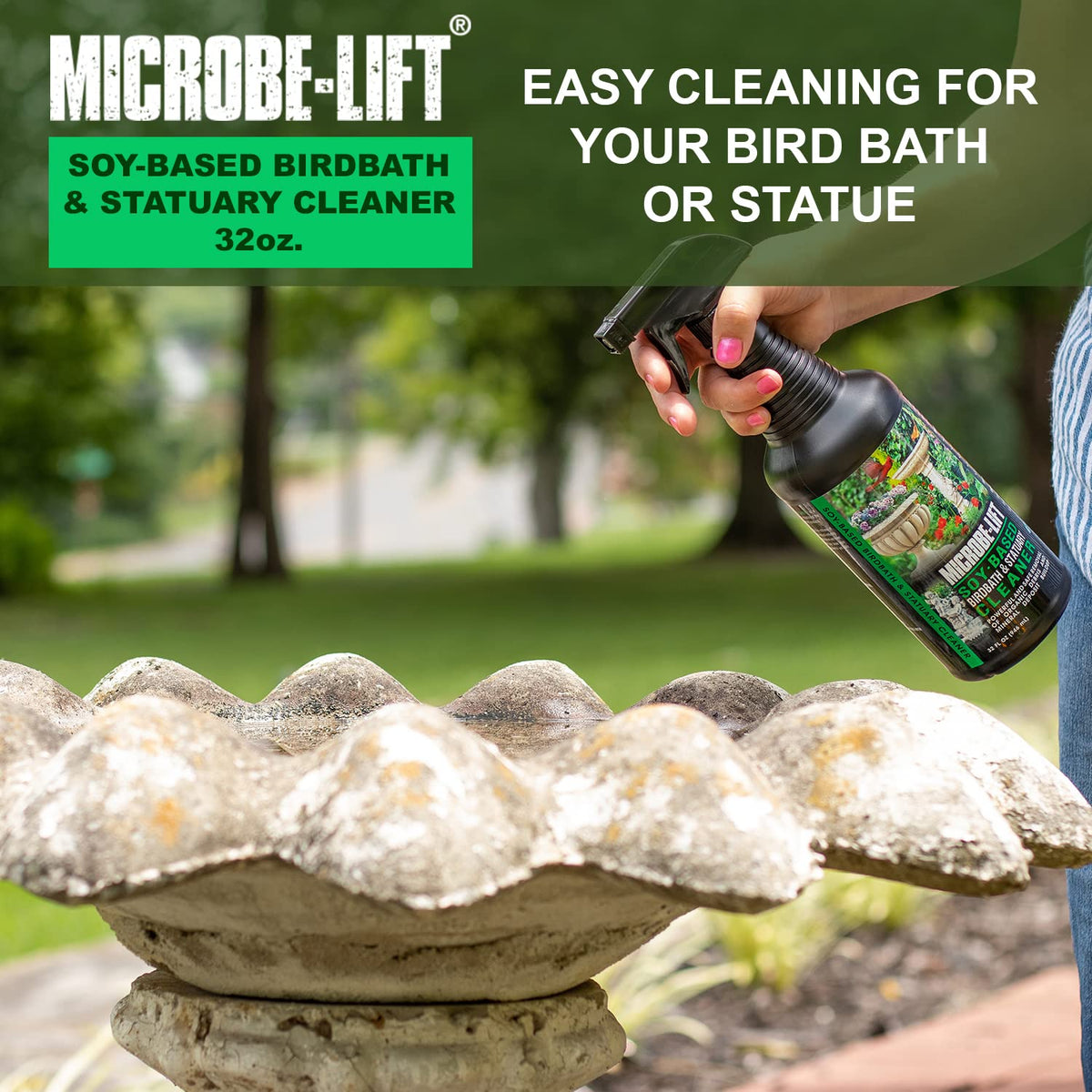 Close-up of Microbe-LIFT soy-based cleaner bottle highlighting its eco-friendly, non-toxic formula.