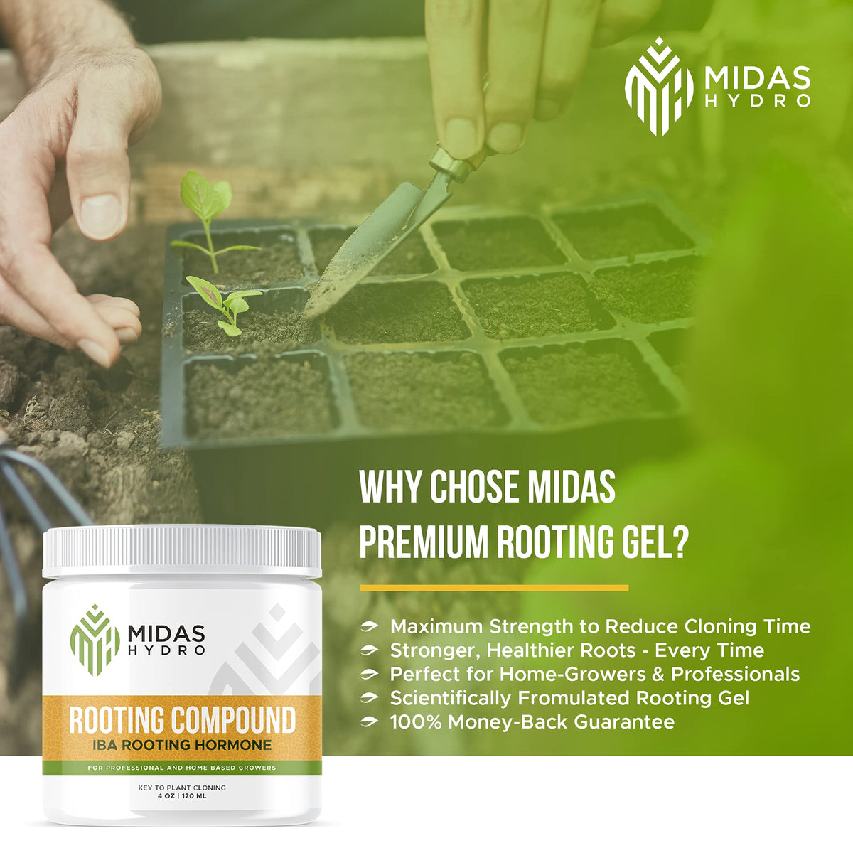 Midas Hydro IBA-35% rooting hormone shown for versatile plant cloning.