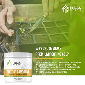 Midas Hydro IBA-35% rooting hormone shown for versatile plant cloning.