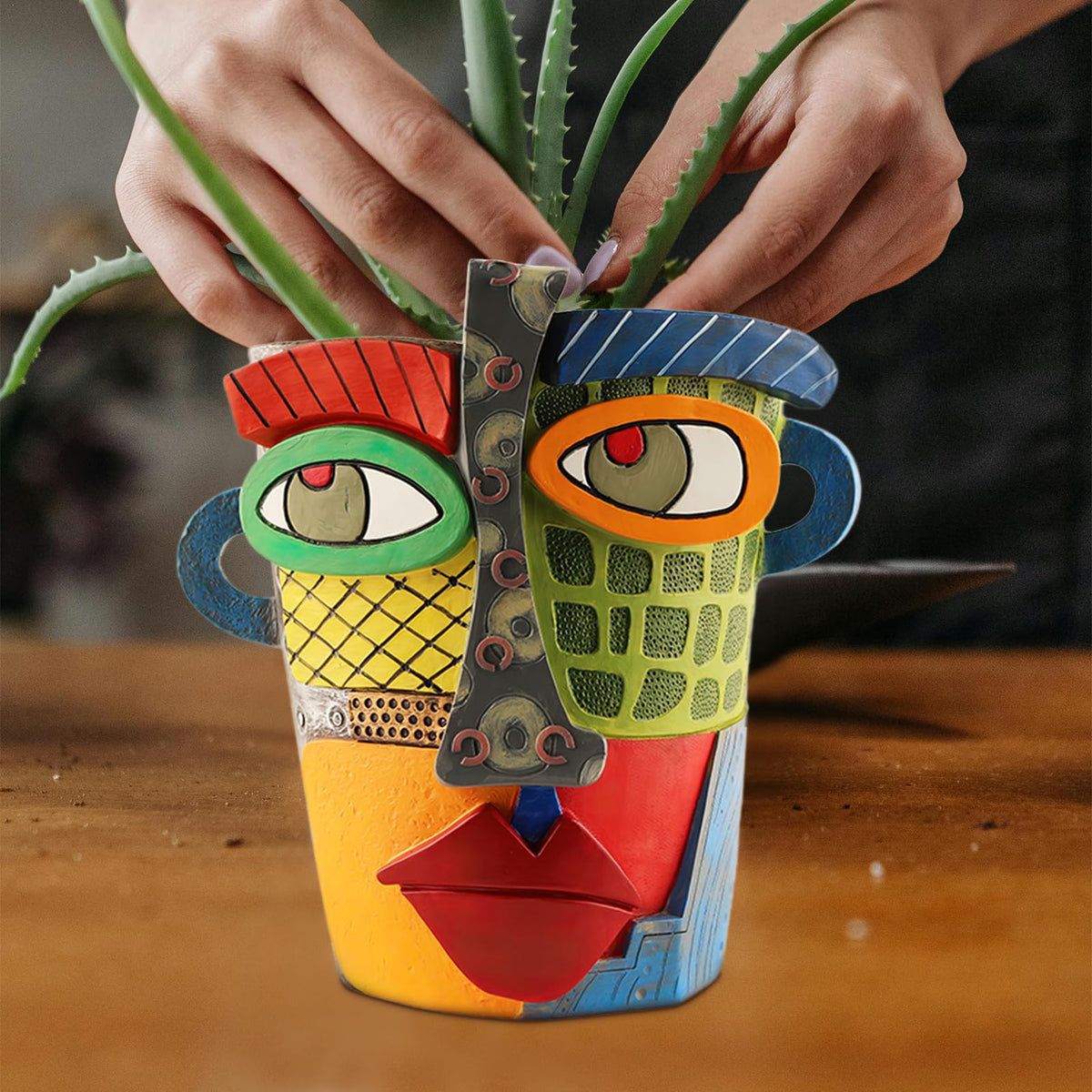 Midogaigai colorful face pot brightens shelves with artful plant display.