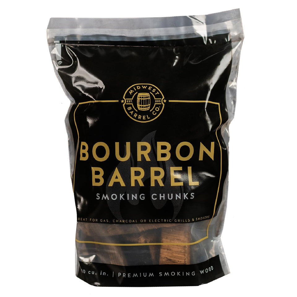Midwest Barrel Co. bag of bourbon barrel wood chunks ready for long, flavorful smoking sessions.