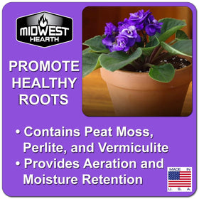 Midwest Hearth soil mix provides aeration and moisture retention for violets.