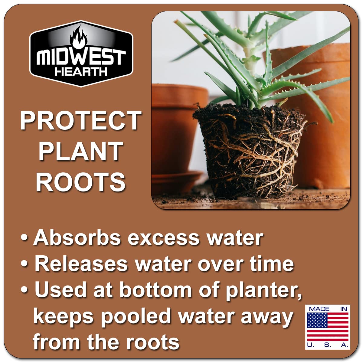 Midwest Hearth lava rocks protect plant roots by adding bottom-layer drainage.