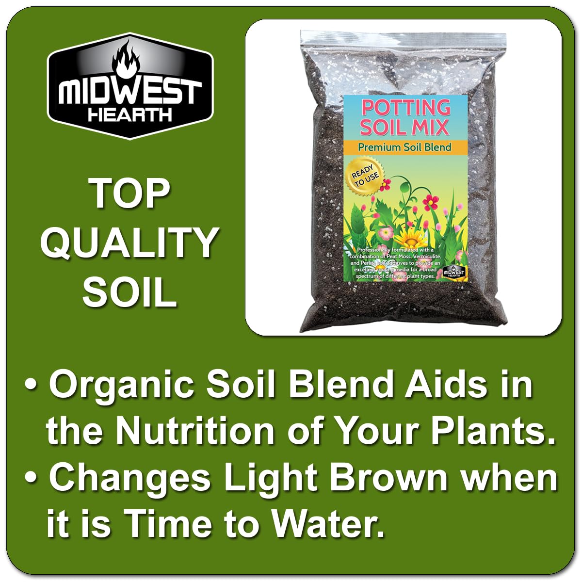 Midwest Hearth 8-quart bag ready-to-use mix boosts rooting and growth for flowers and vegetables.