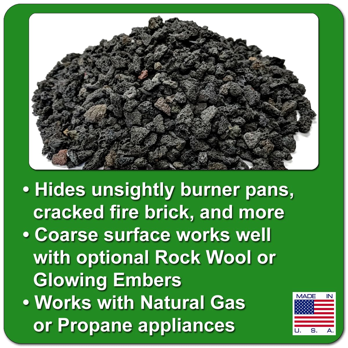 Midwest Hearth natural-color lava rock adds authentic tones around flames.