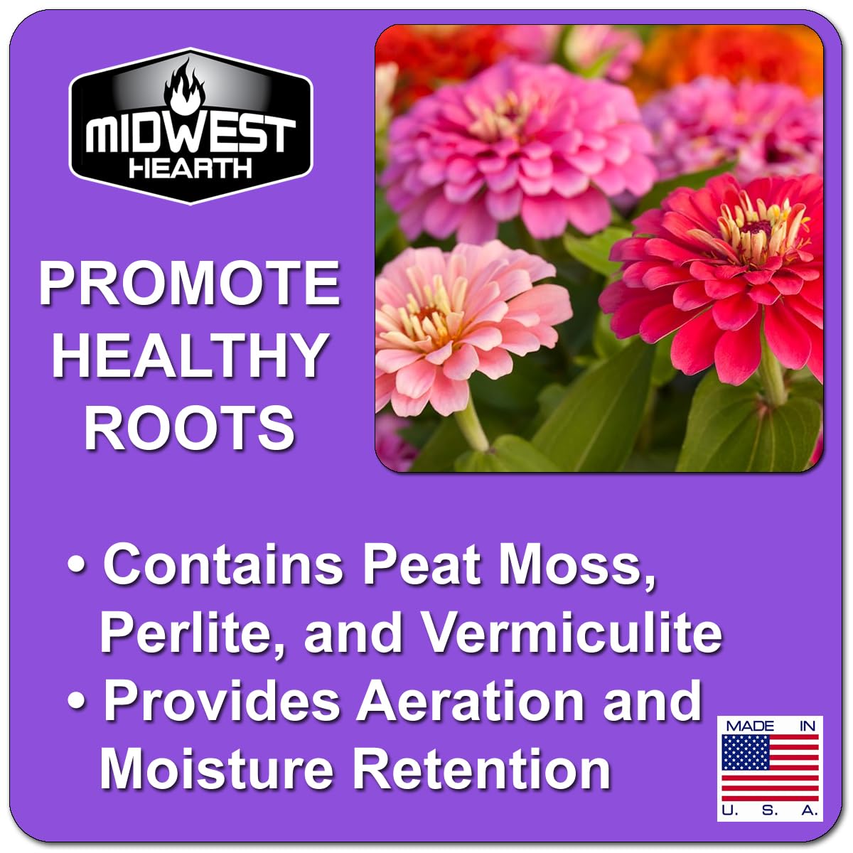Midwest Hearth mix shows perlite for aeration and drainage in containers.