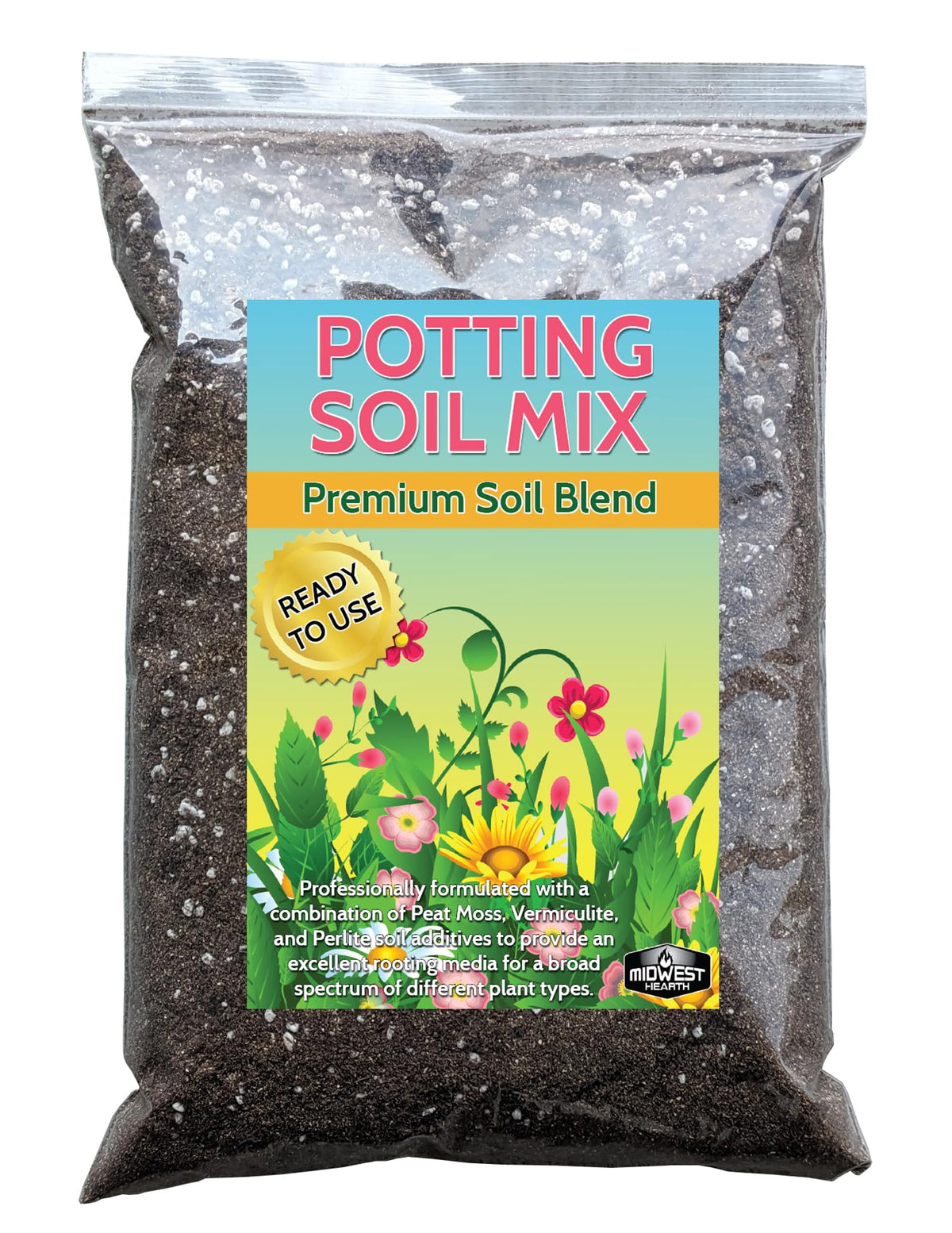 Midwest Hearth premium potting soil mix 8qt bag promotes robust root growth for potted plants.