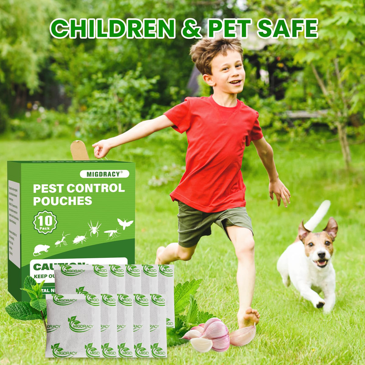 Migdracy pest control pouches placed in garage for safe pest deterrence.