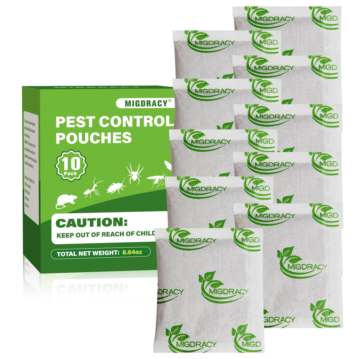 Migdracy Pest Control Pouches packaging designed for indoor use.