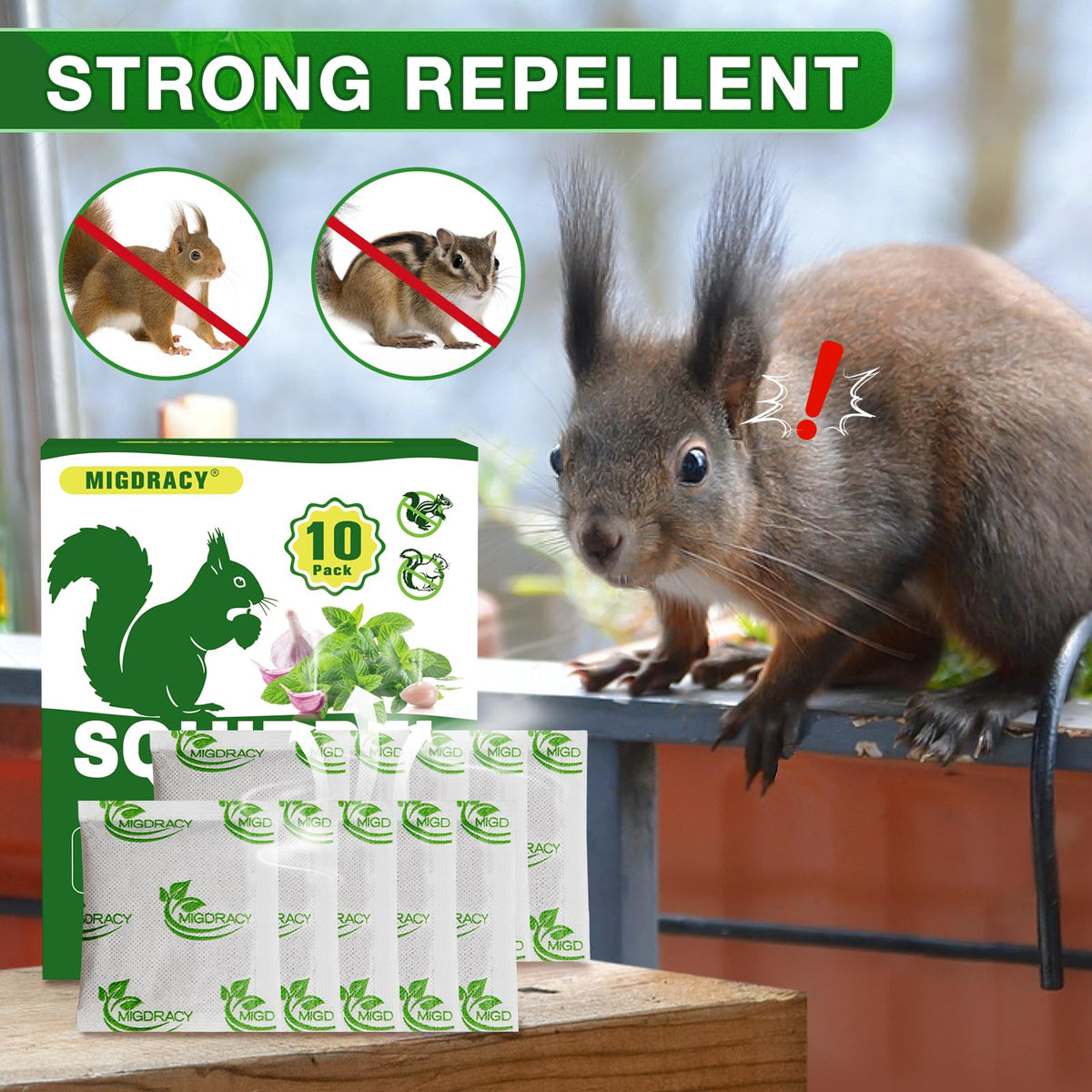 Migdracy Squirrel Repellent Pouches hanging in a garden to deter squirrels