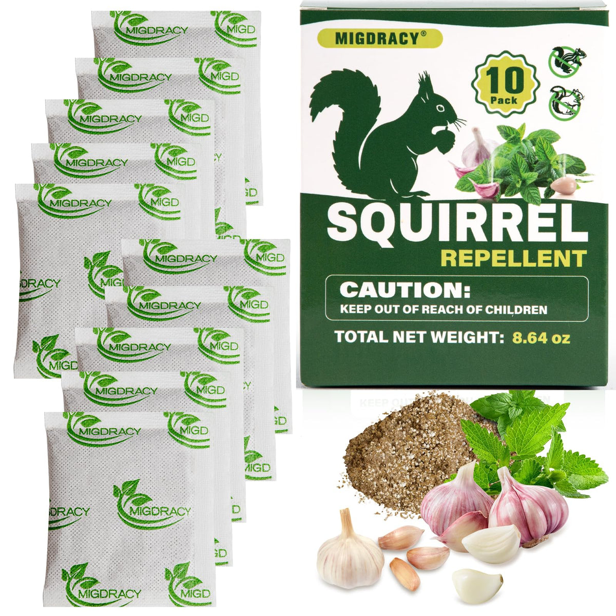 Migdracy Squirrel Repellent Pouches pack closeup showing peppermint oils for deterrence