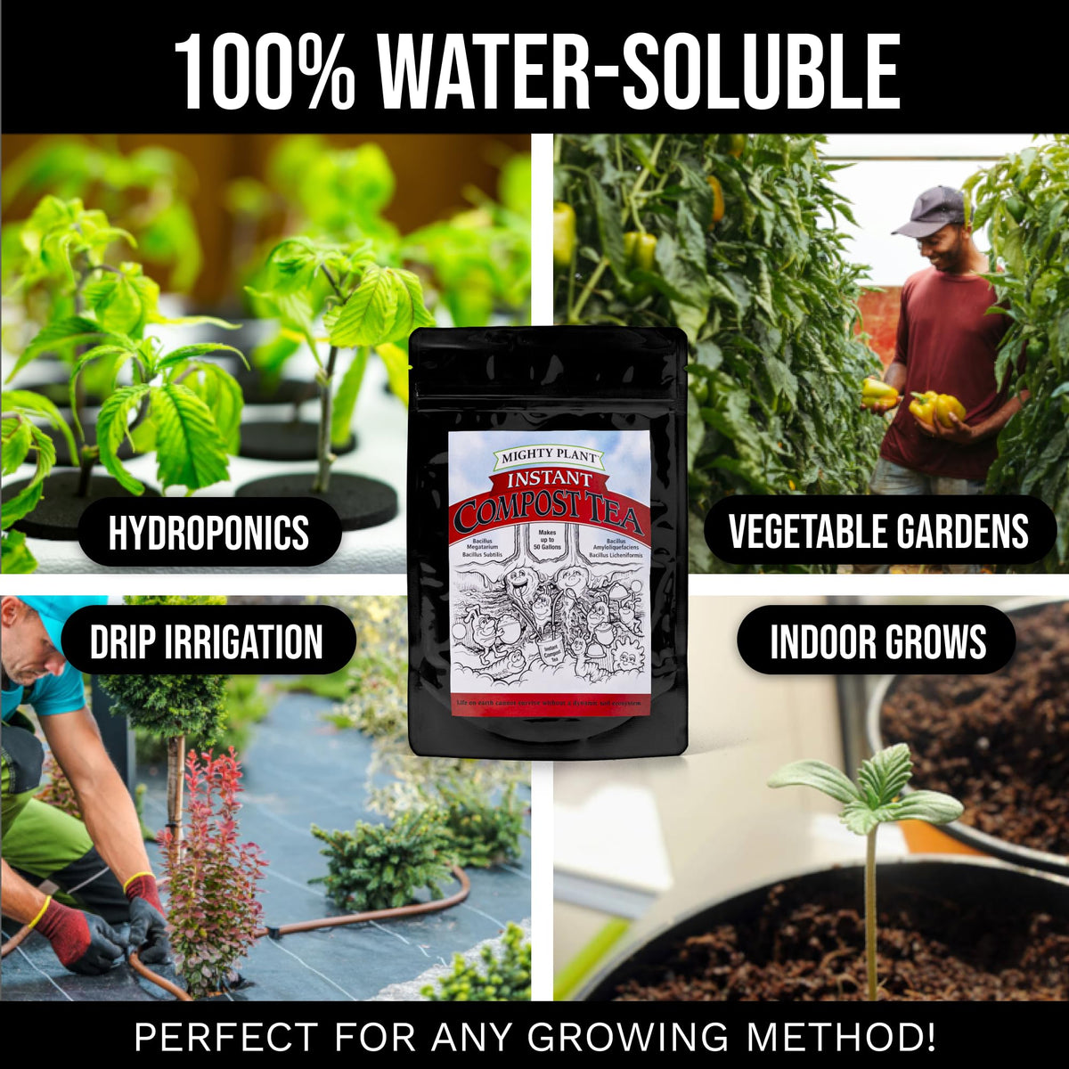 Mighty Plant Instant Compost Tea application in a thriving garden setting.