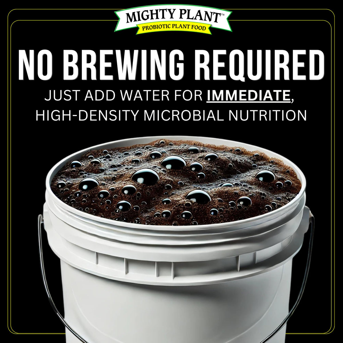 Mighty Plant Instant Compost Tea label highlights batch details and yield information.