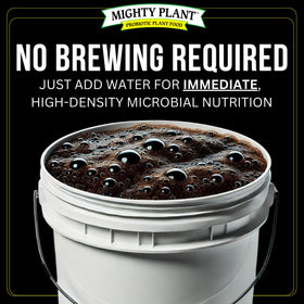Mighty Plant Instant Compost Tea label highlights batch details and yield information.