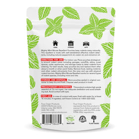 Mighty Mint mouse repellent pouch highlights castor oil and cinnamon oils blend.