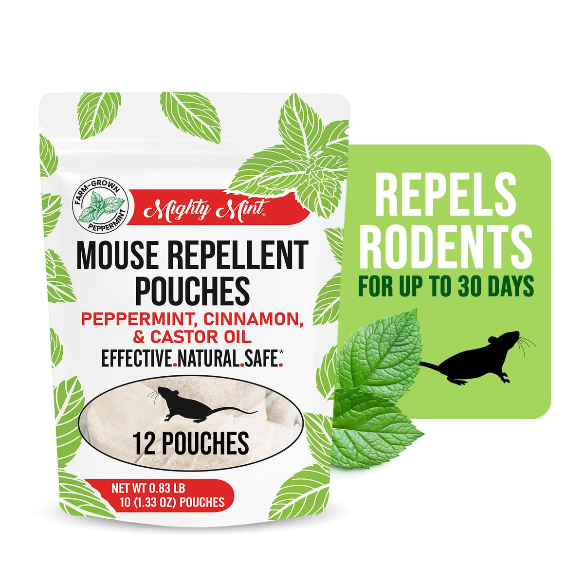 Mighty Mint pouch close-up shows cinnamon and castor oil blend for humane deterrence.