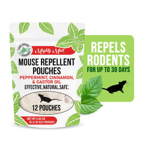 Mighty Mint pouch close-up shows cinnamon and castor oil blend for humane deterrence.